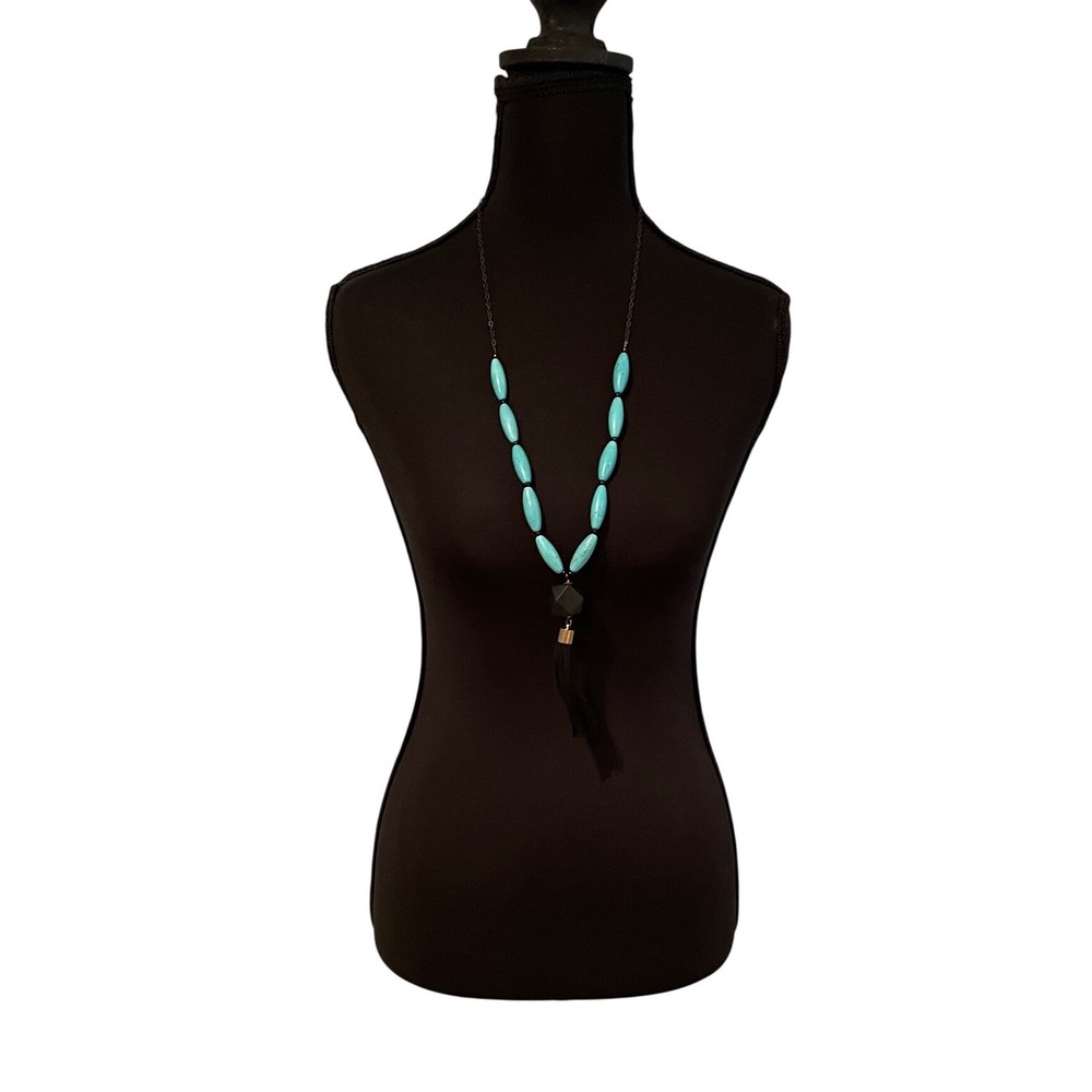 Beljoy Haitian Made Turquoise Bead Long Necklace Tassel Pendant‎